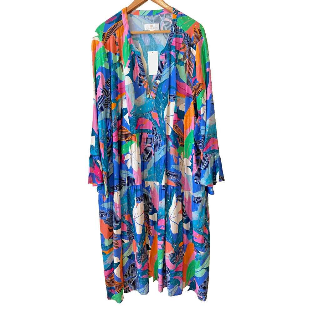 Susan Graver Shirt Dress Sz 4X Beach Cover Resort Vacay Embroidered Tropical NWT